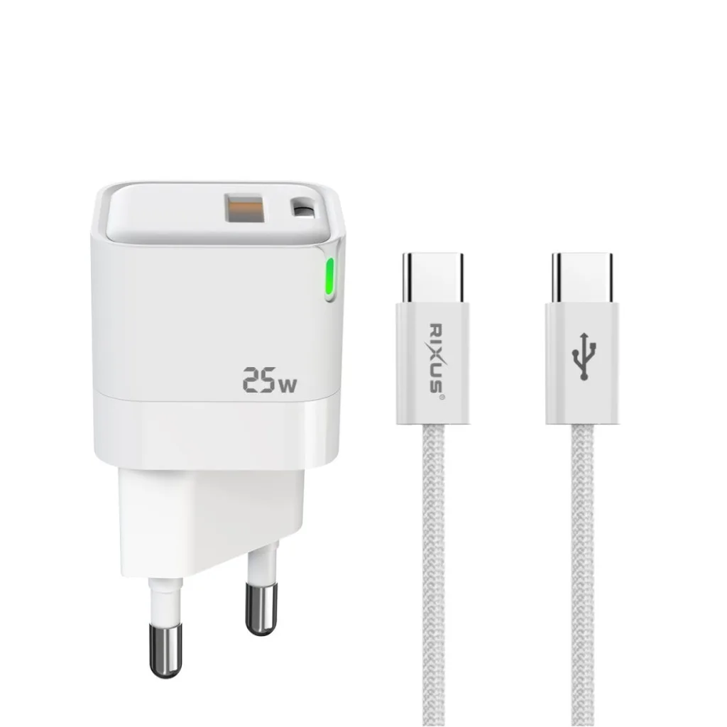 Rixus 25W Wall Charger Kit With USB -C to USB-C Cable kabel, hvid, billede 2