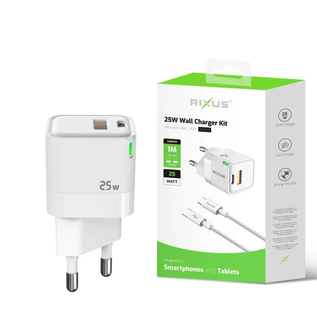 Rixus 25W Wall Charger Kit With USB -C to USB-C Cable kabel, hvid, billede 4