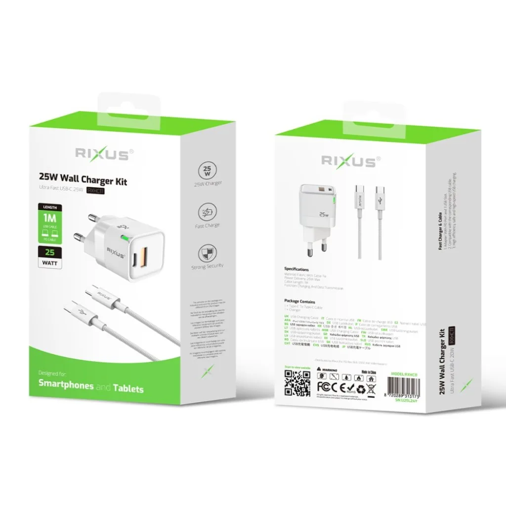 Rixus 25W Wall Charger Kit With USB -C to USB-C Cable kabel, hvid, billede 5