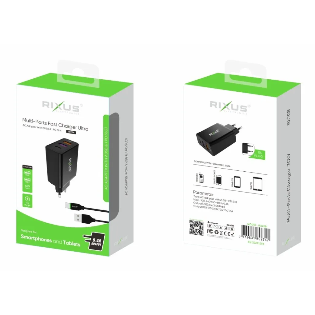 Rixus Dual USB And PD Charger With USB To USB-C Cable kabel, sort, billede 3