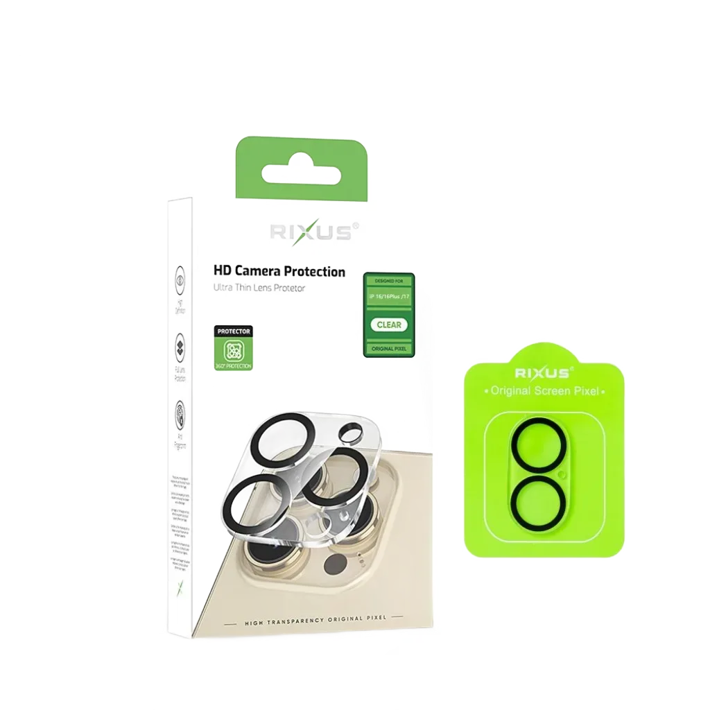 Rixus Clear HD Camera beskyttelsesglas til iPhone 16 og 16 Plus, sort