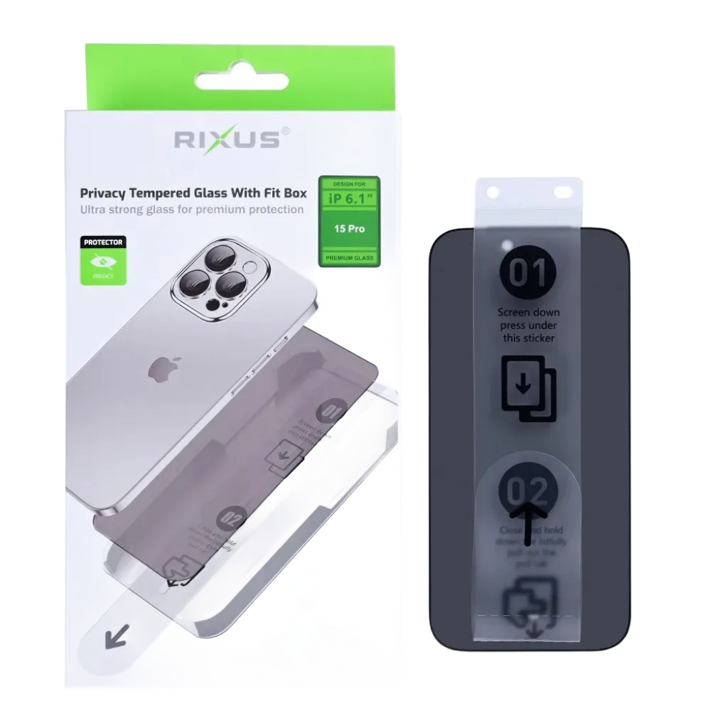 Rixus Privacy With Fit Box beskyttelsesglas til iPhone 15 Pro