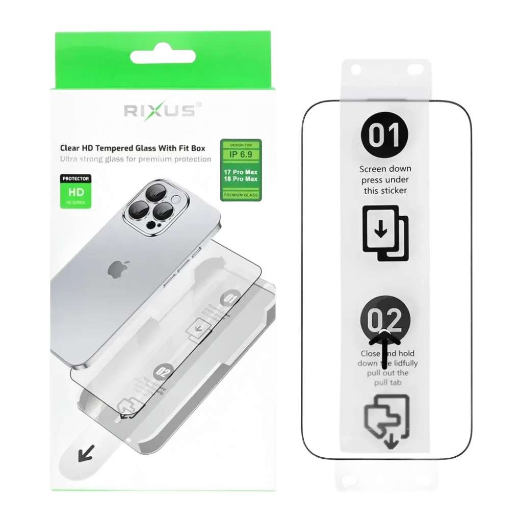 Rixus Clear HD With Fit Box beskyttelsesglas til iPhone 17 Pro Max og 18 Pro Max