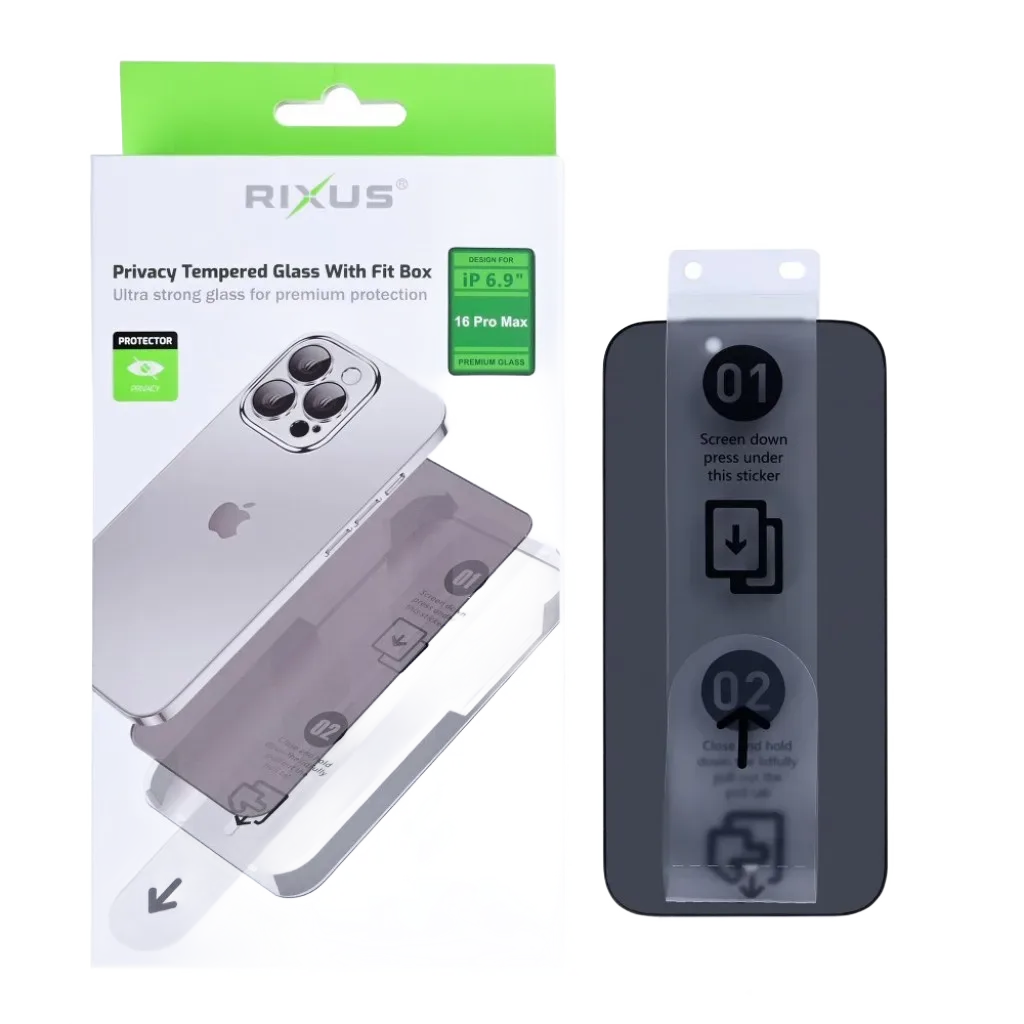 Rixus Privacy With Fit Box beskyttelsesglas til iPhone 16 Pro Max