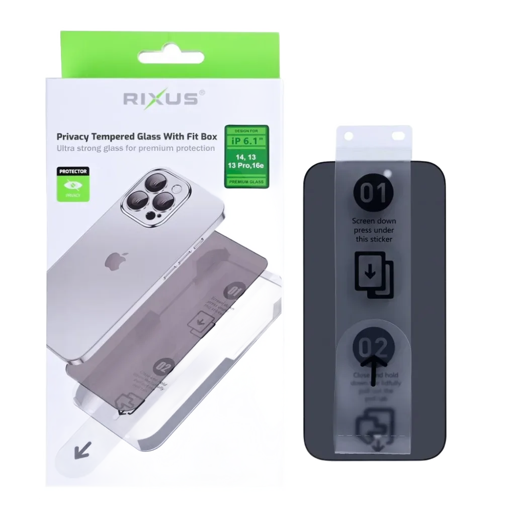 Rixus Privacy With Fit Box beskyttelsesglas til iPhone 13, 14, 16e og 17e