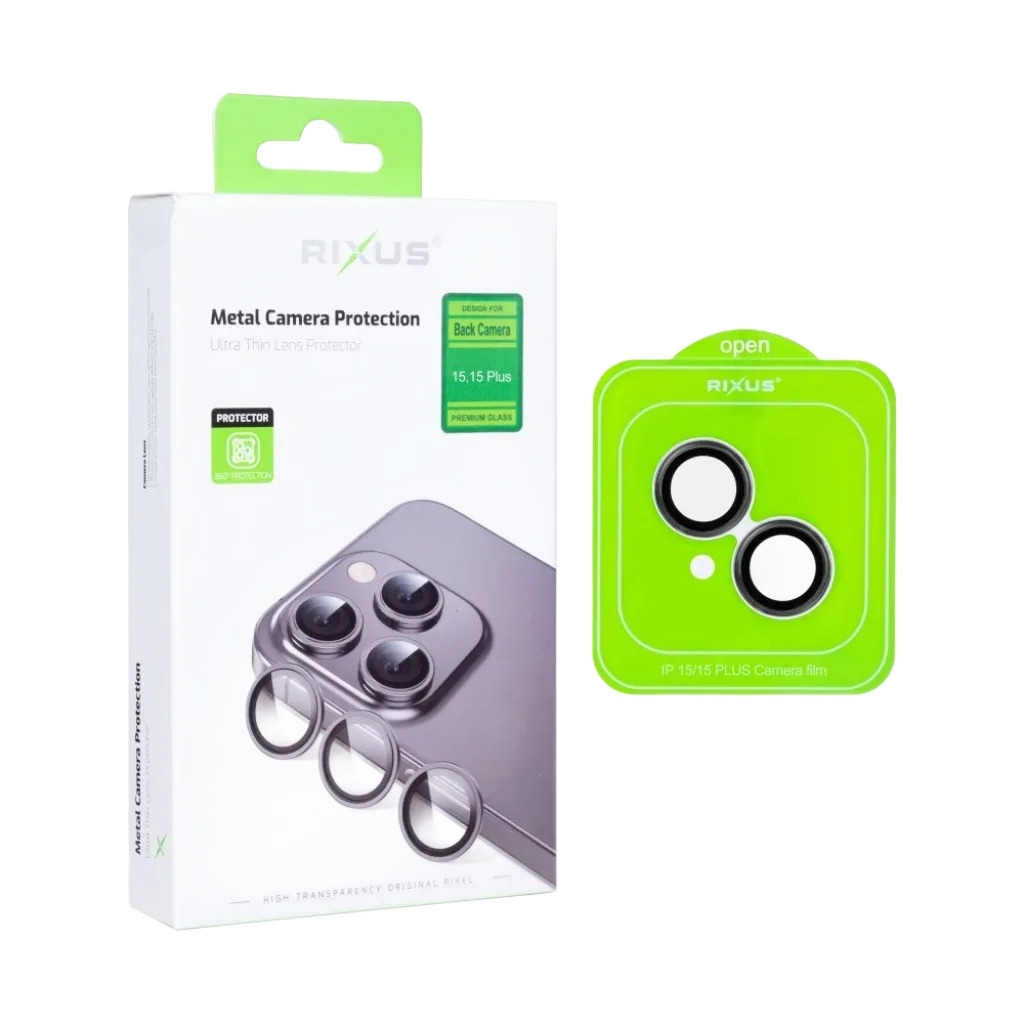 Rixus Metal Shield Camera beskyttelsesglas til iPhone 15 og 15 Plus, sort