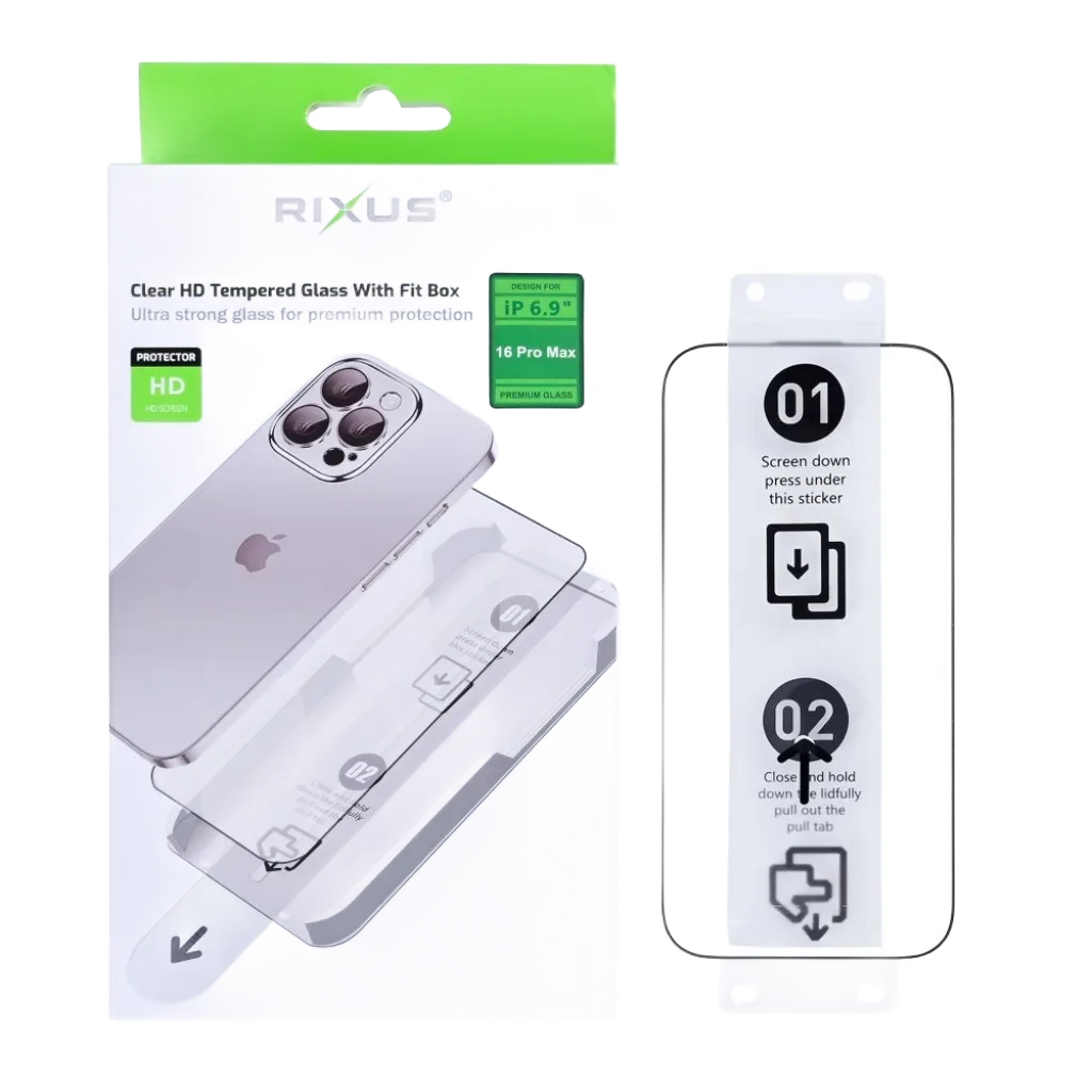 Rixus Clear HD With Fit Box beskyttelsesglas til iPhone 16 Pro Max
