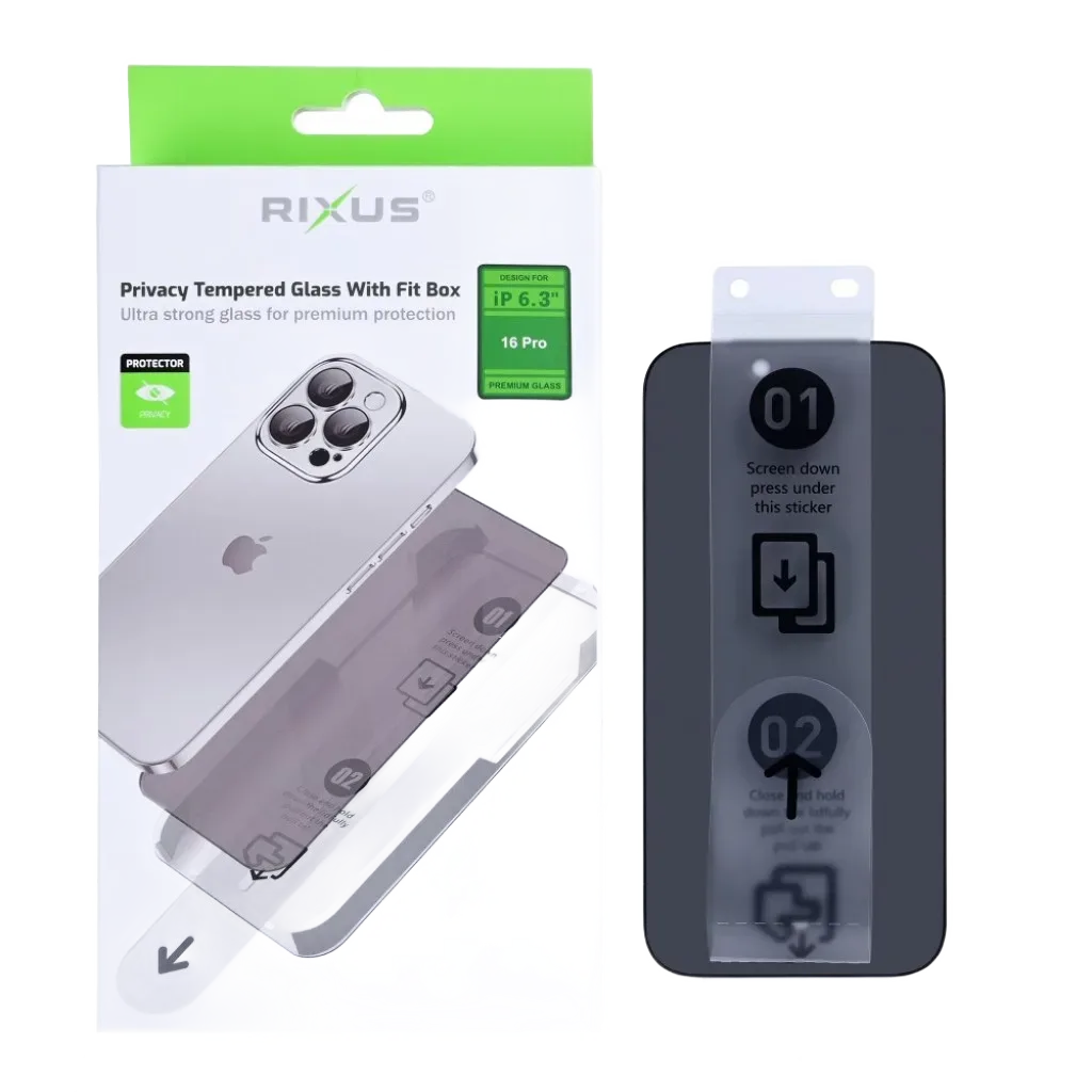 Rixus Privacy With Fit Box beskyttelsesglas til iPhone 16 Pro