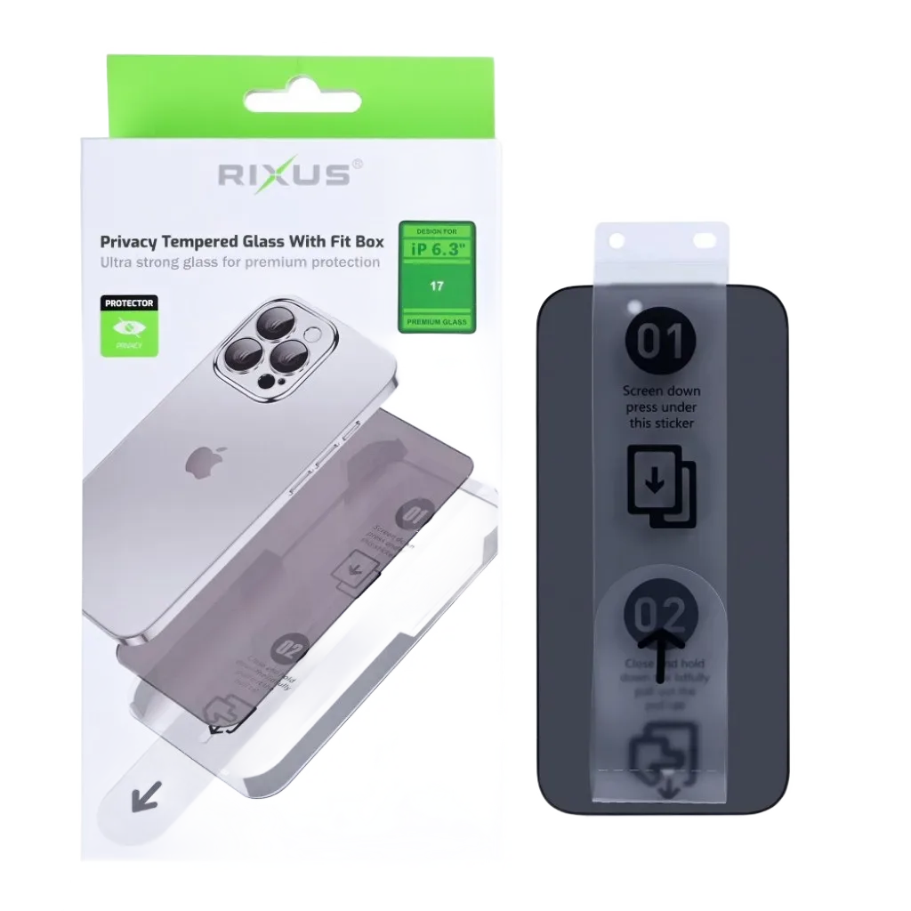 Rixus Privacy With Fit Box beskyttelsesglas til iPhone 17