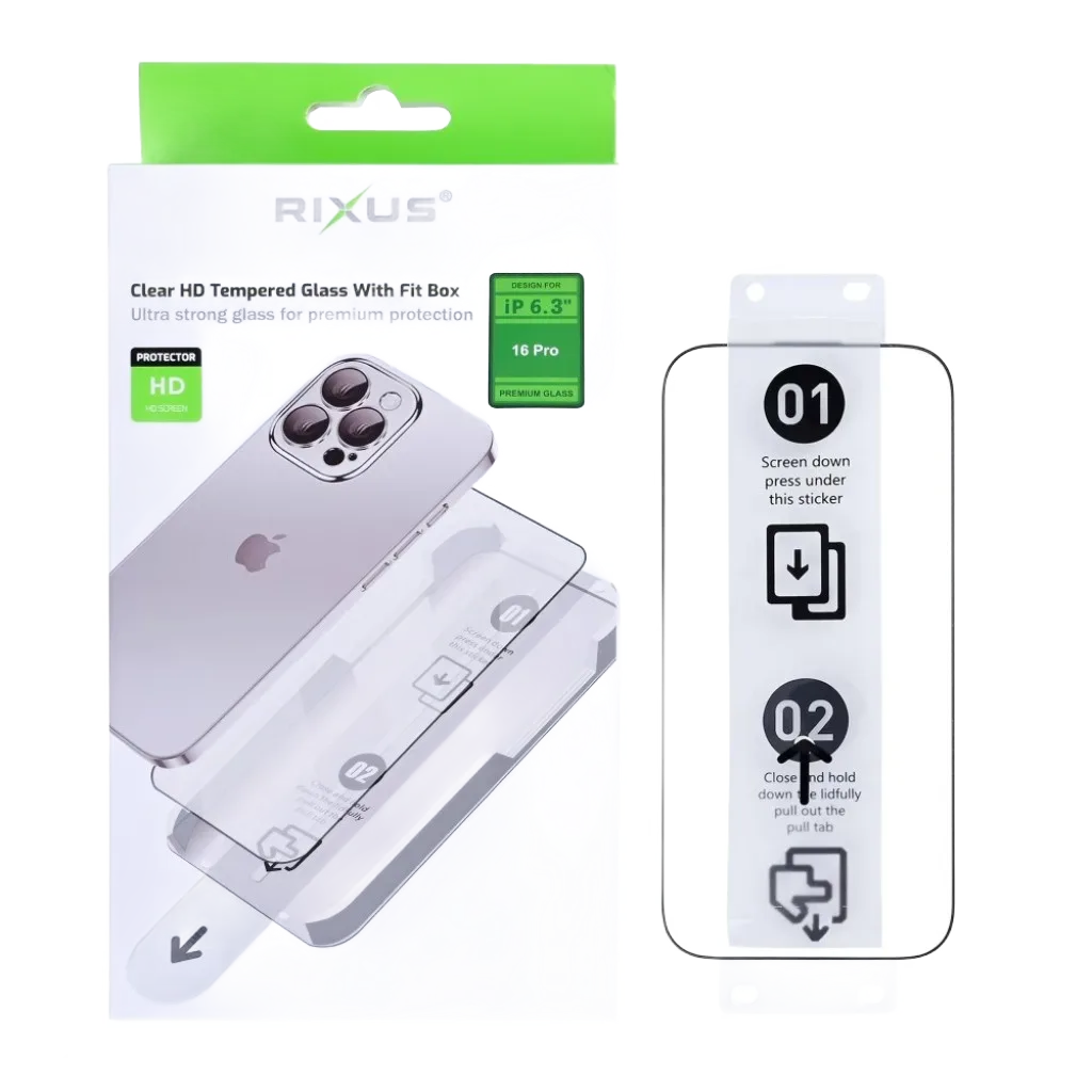 Rixus Clear HD With Fit Box beskyttelsesglas til iPhone 16 Pro