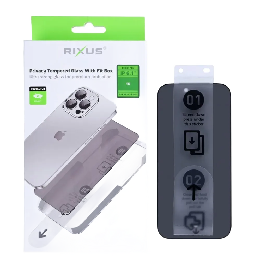 Rixus Privacy With Fit Box beskyttelsesglas til iPhone 16